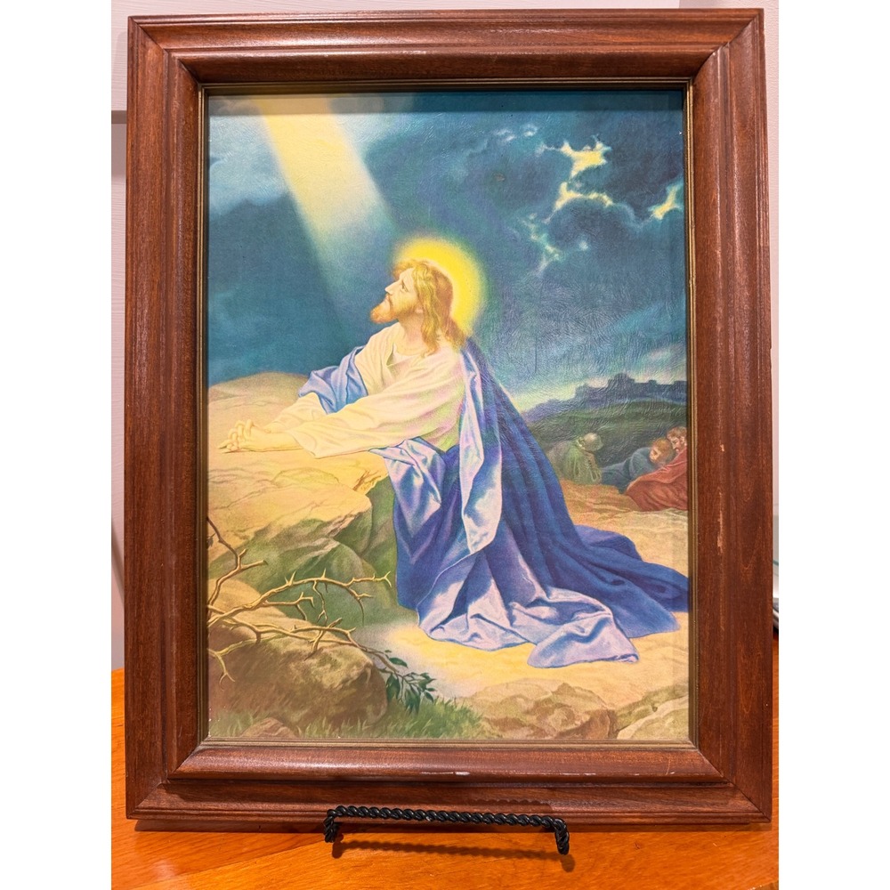 Vintage Jesus Christ Garden of Gethsemane Framed Print Religious Wall Art 15x19